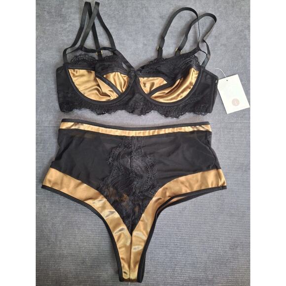 Icollection Pazia Bra Set Satin Lace Lingerie Black, Gold Elegant & Comfy $63 - Picture 5 of 10